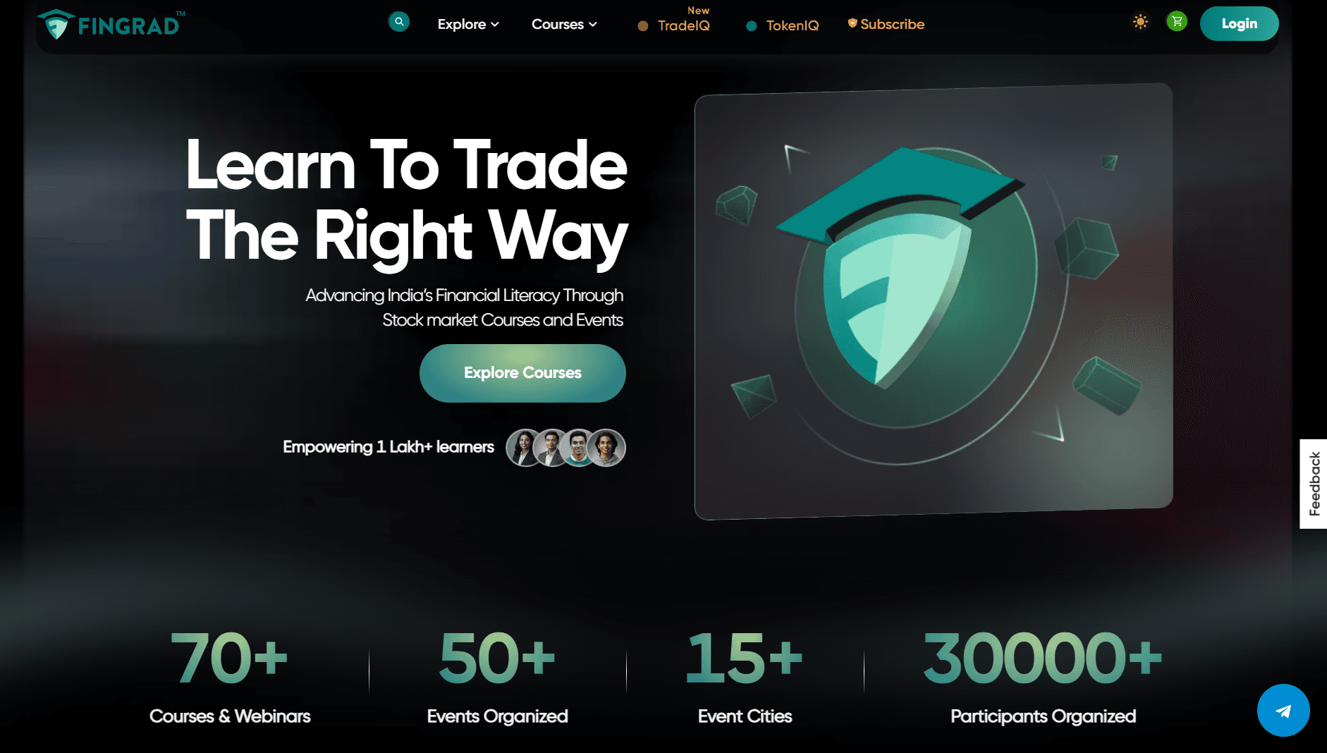 FinGrad home page: Learn To Trade The Right Way, with course and event statistics